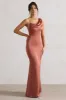 Wistful | Rust Satin Asymmetric Cowl-Neck Maxi Dress sold by Club L London