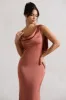 Wistful | Rust Satin Asymmetric Cowl-Neck Maxi Dress sold by Club L London
