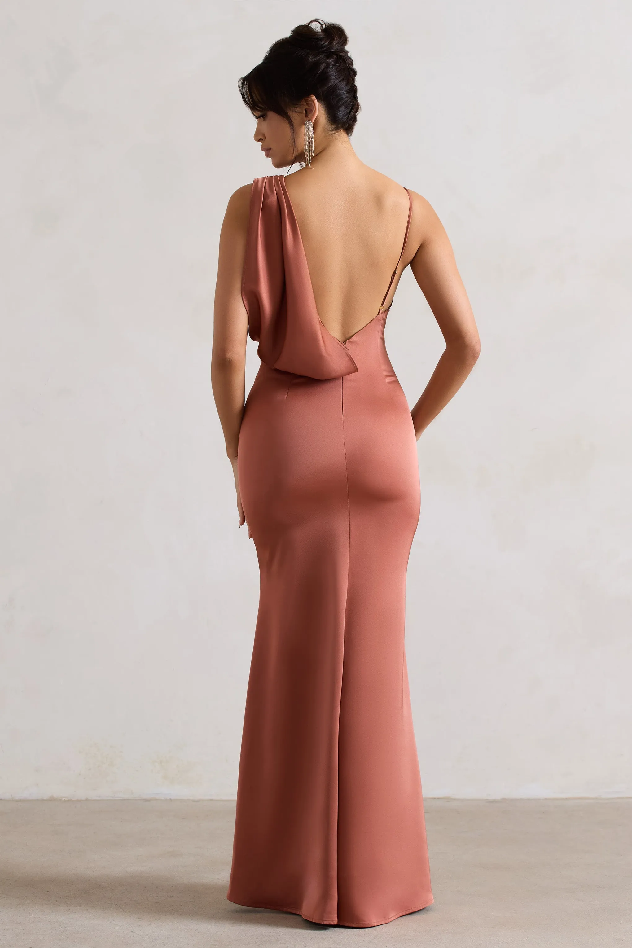 Wistful | Rust Satin Asymmetric Cowl-Neck Maxi Dress sold by Club L London product image thumbnail 2