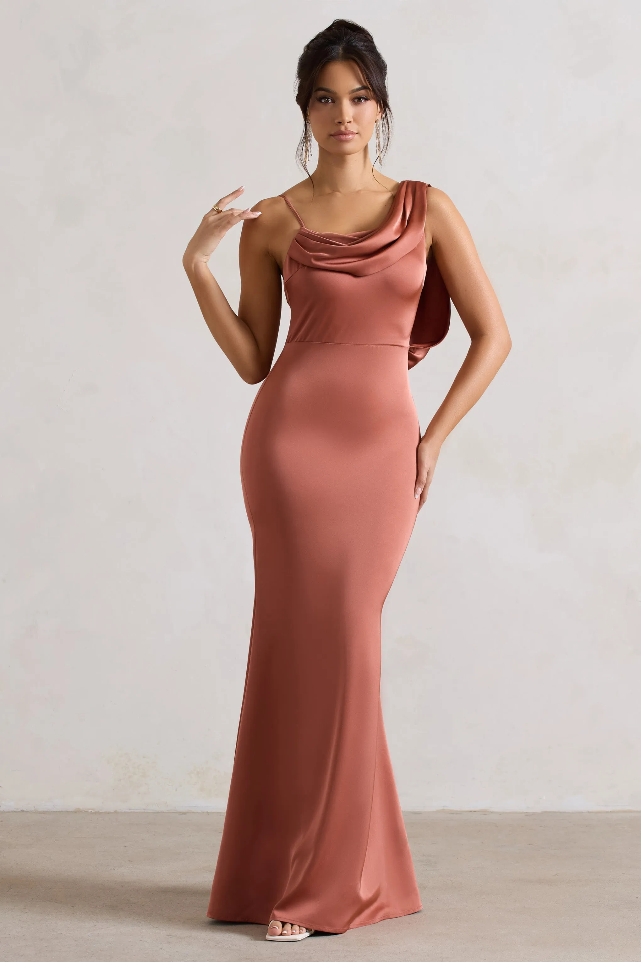 Wistful | Rust Satin Asymmetric Cowl-Neck Maxi Dress sold by Club L London