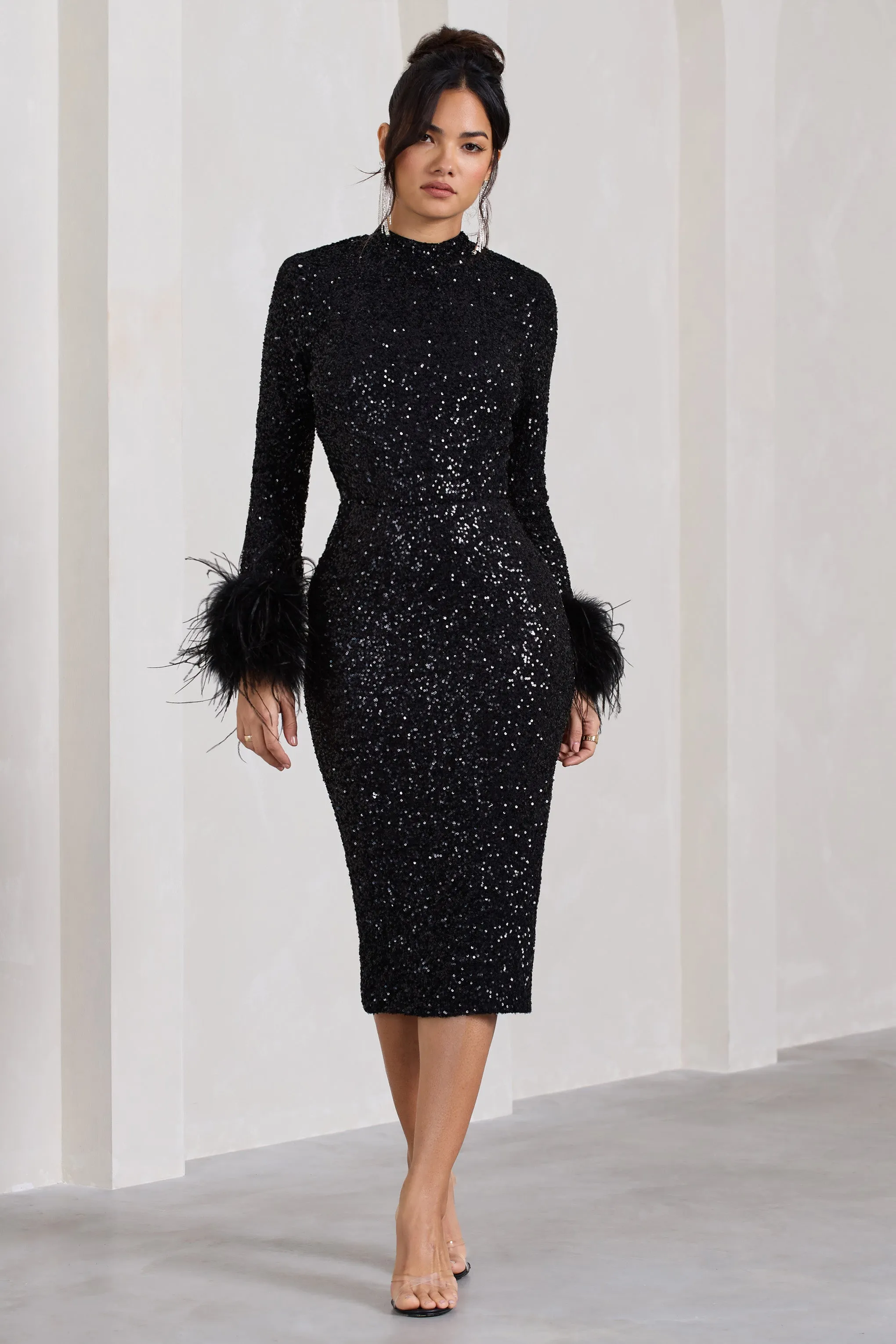 Marilyn | Black Sequin Long-Sleeved Midi Dress With Feather Cuffs sold by Club L London product image thumbnail 3