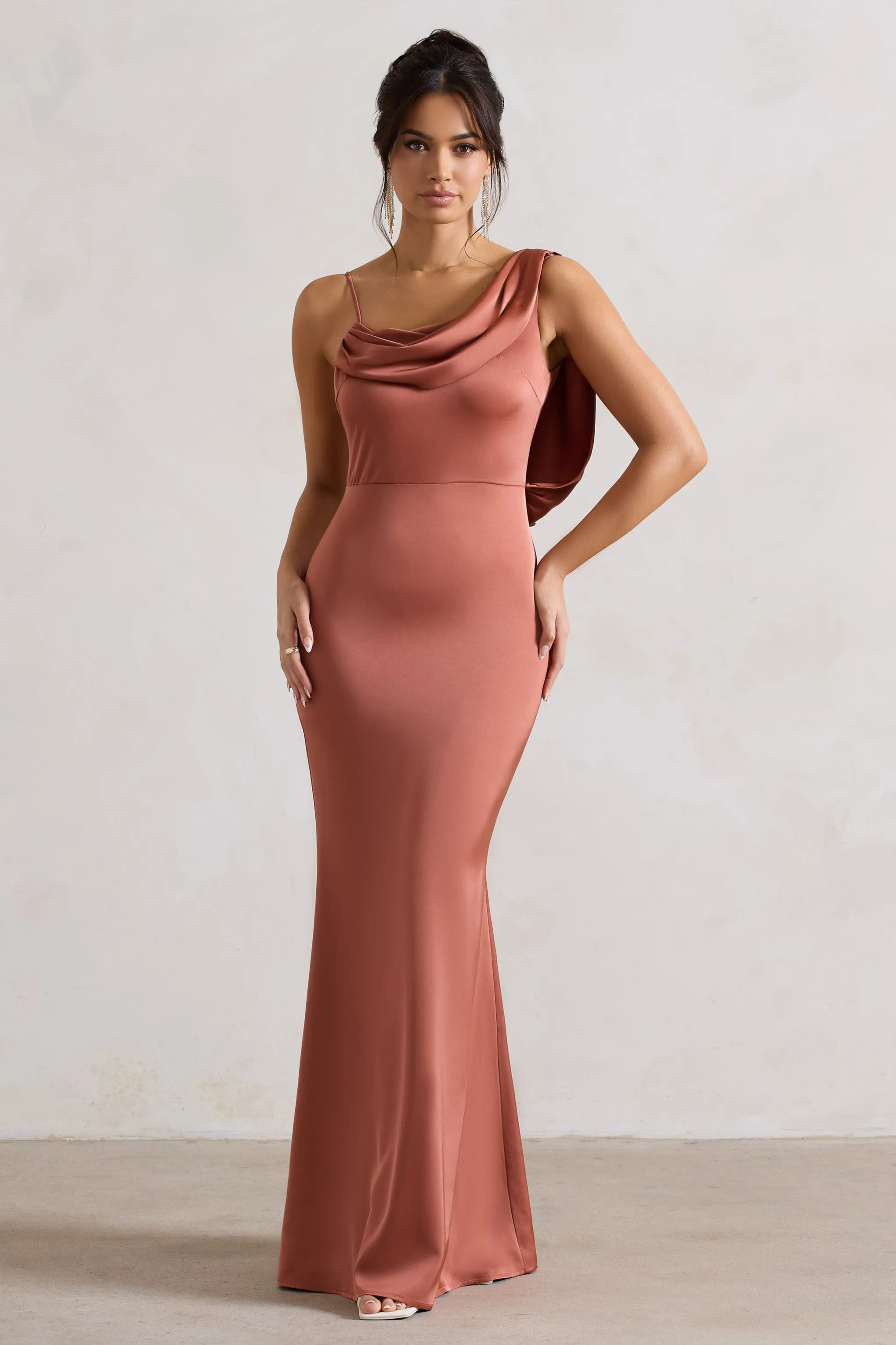 Wistful | Rust Satin Asymmetric Cowl-Neck Maxi Dress sold by Club L London product image thumbnail 4