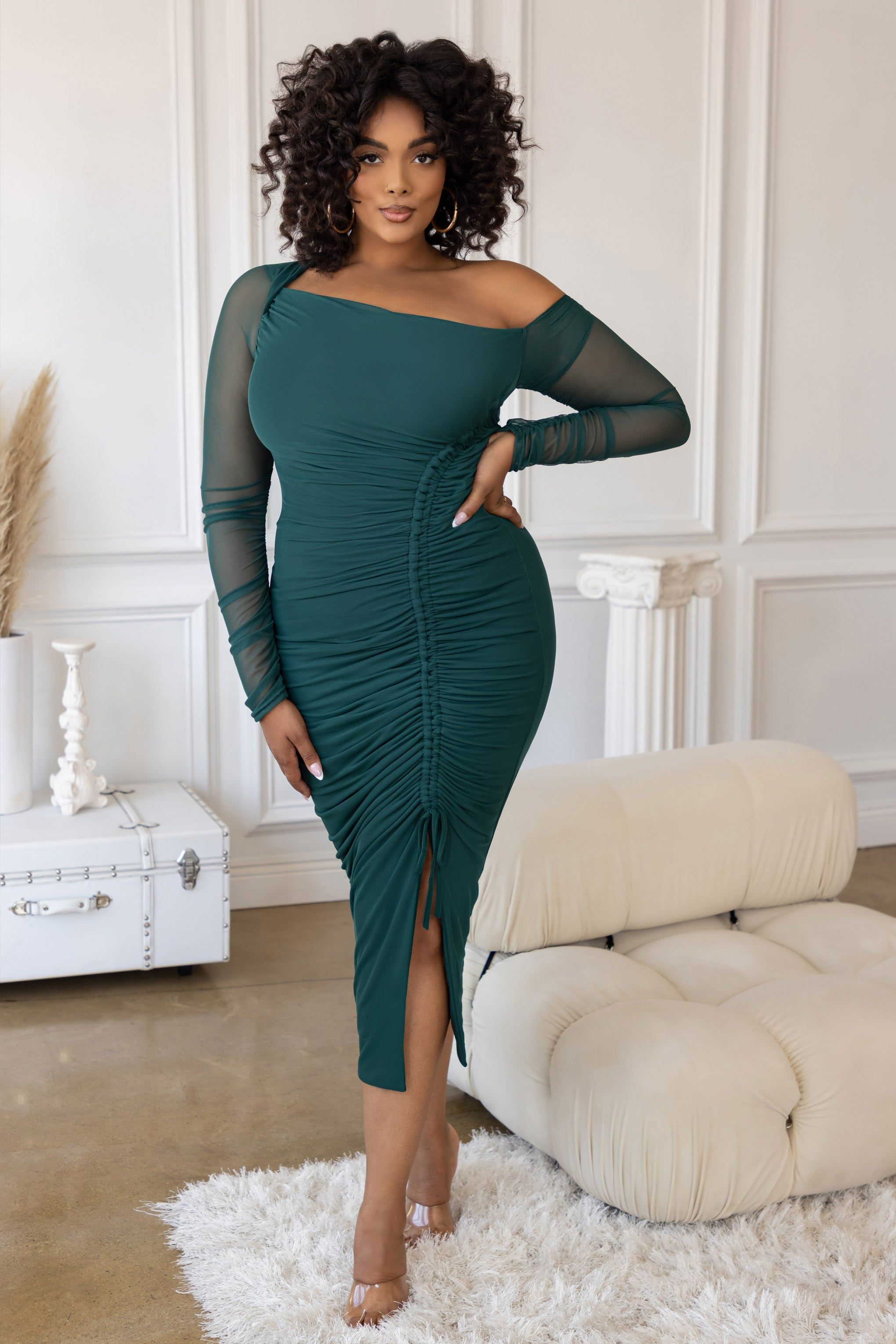 Temptation | Plus Green Ruched Mesh Long Sleeve Midi Dress sold by Club L London product image thumbnail 3