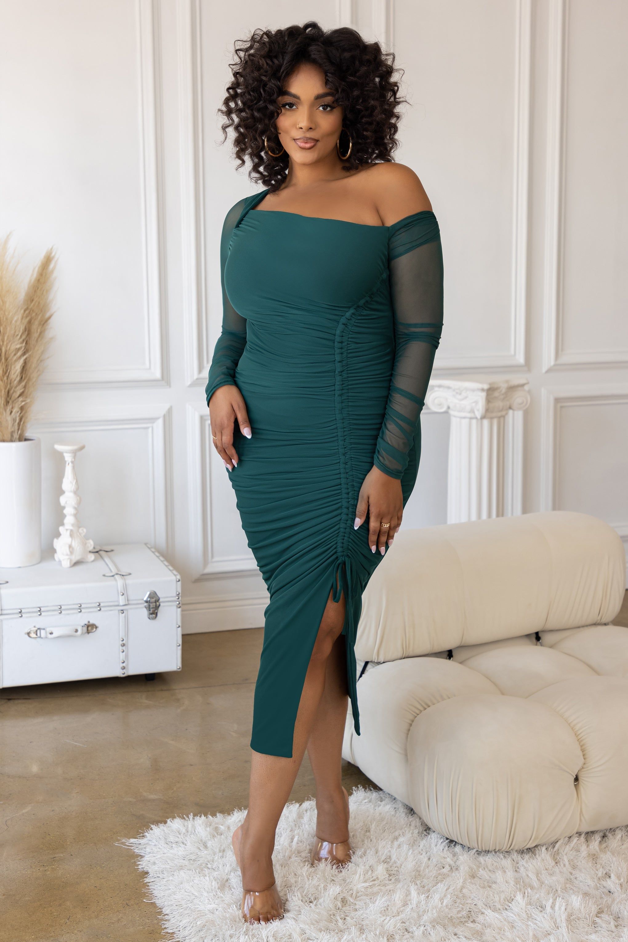 Temptation | Plus Green Ruched Mesh Long Sleeve Midi Dress sold by Club L London product image thumbnail 4