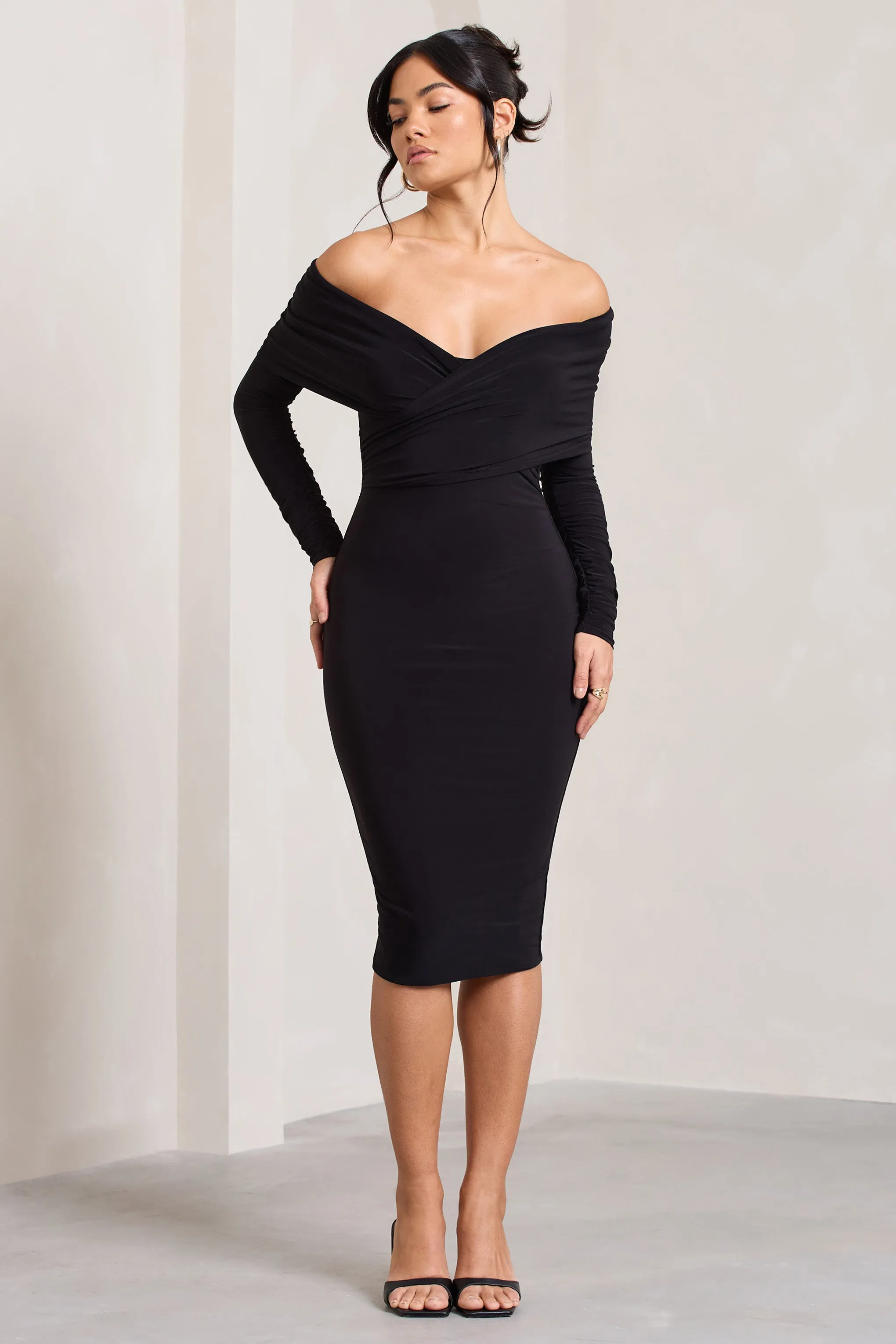 Flatter Me | Black Twist Front Bardot Midi Dress sold by Club L London product image thumbnail 5