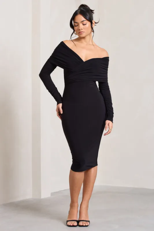 Flatter Me | Black Twist Front Bardot Midi Dress sold by Club L London