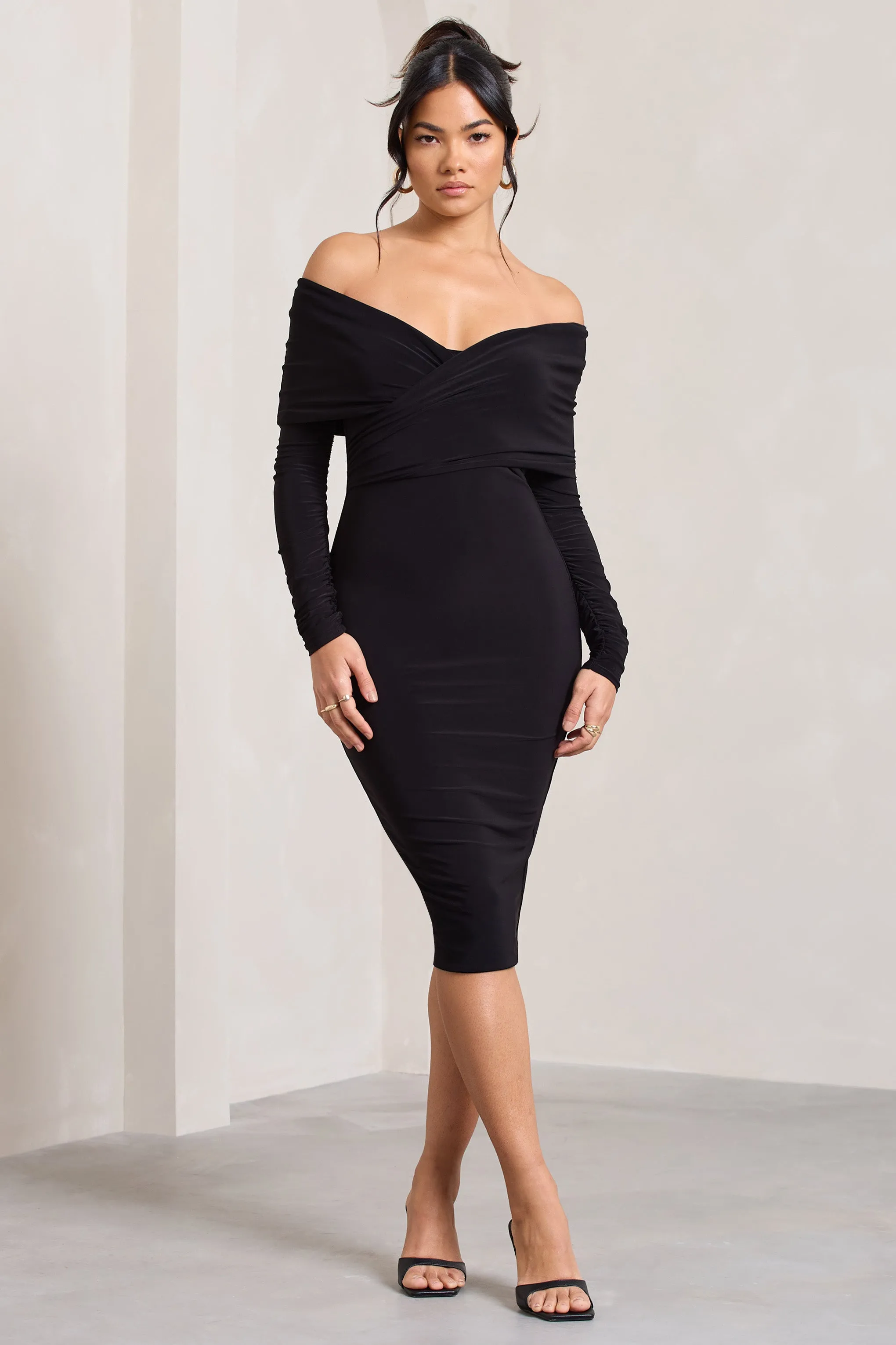 Flatter Me | Black Twist Front Bardot Midi Dress sold by Club L London product image thumbnail 4