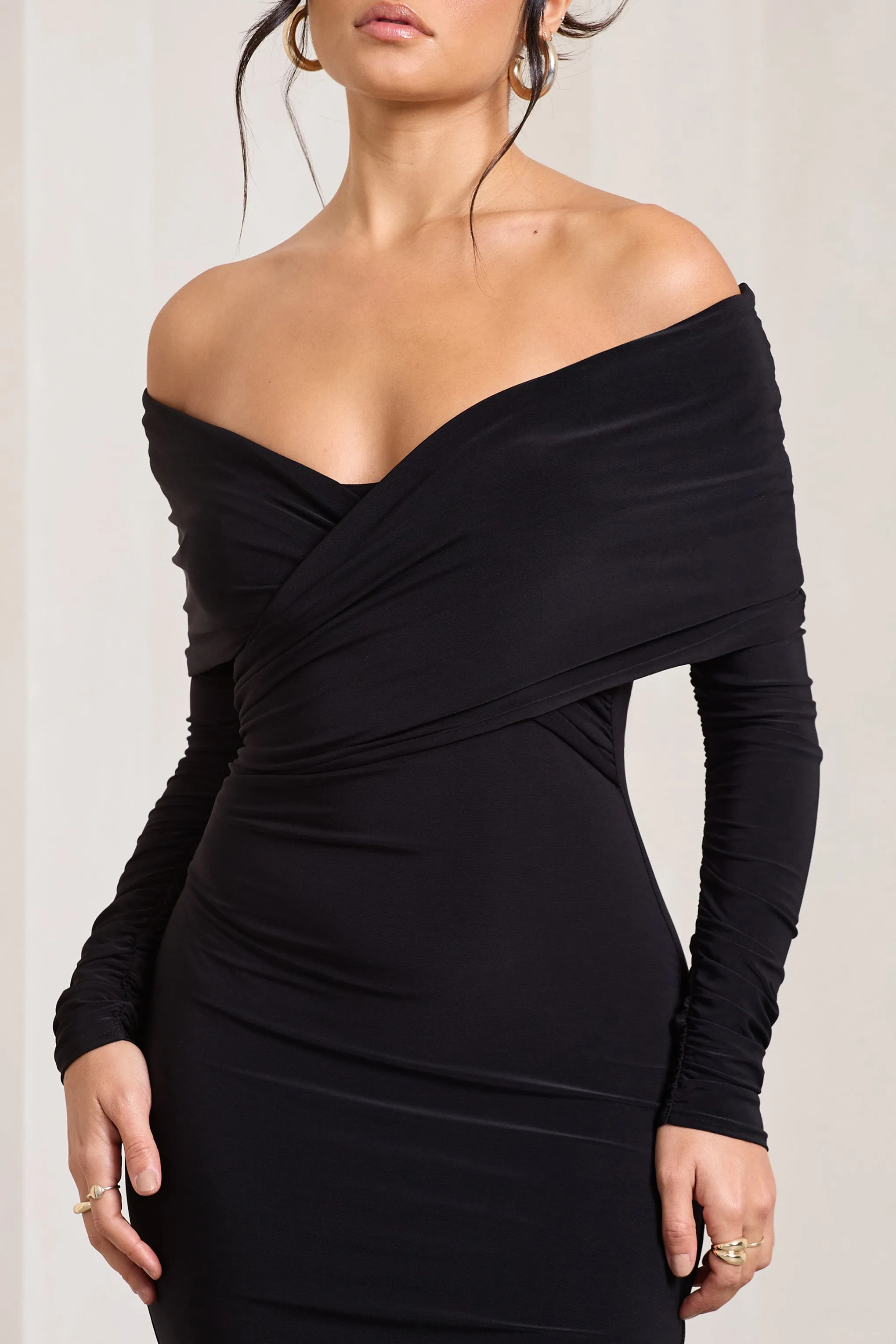Flatter Me | Black Twist Front Bardot Midi Dress sold by Club L London product image thumbnail 3