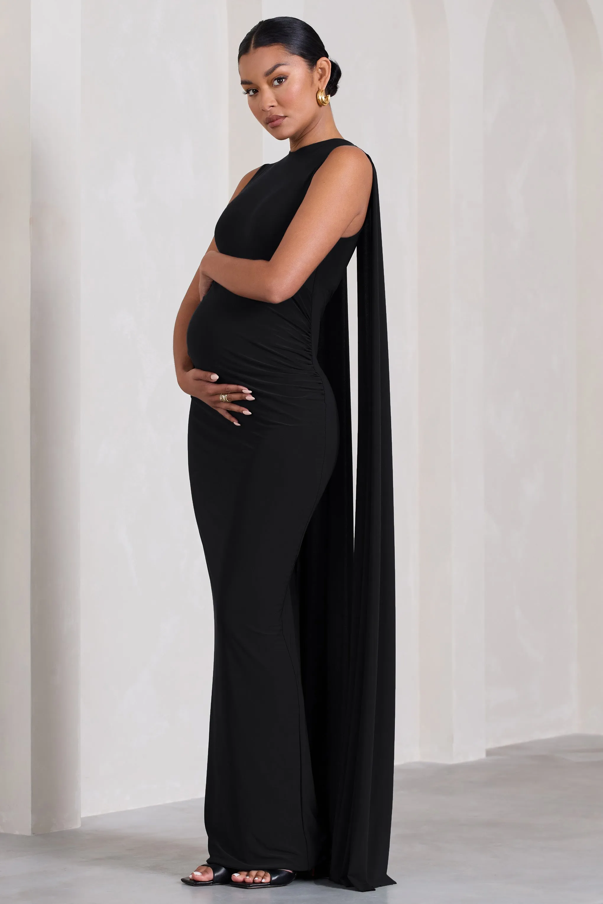 Allora | Black High-Neck Sleeveless Cape Maternity Maxi Dress sold by Club L London product image thumbnail 5