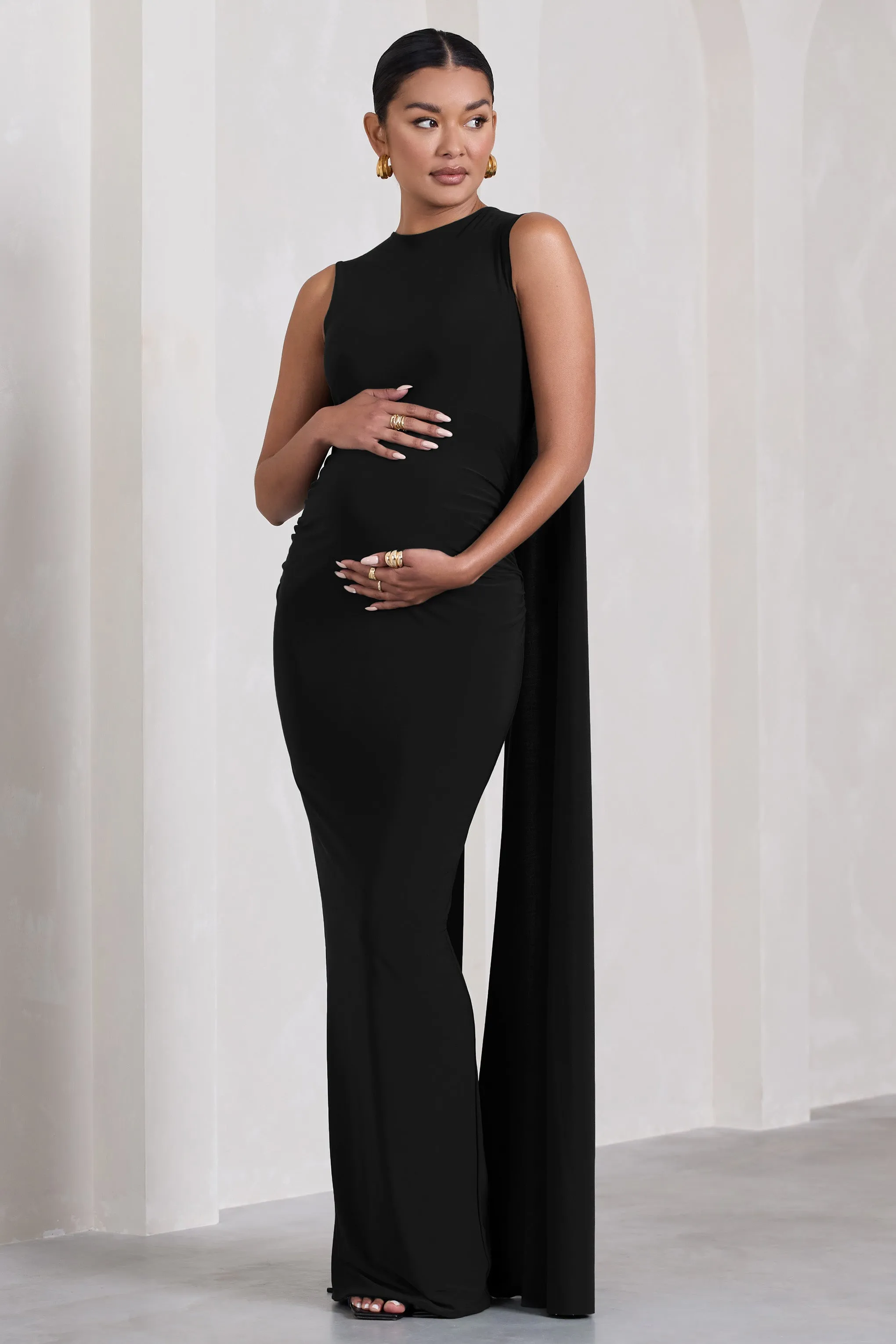 Allora | Black High-Neck Sleeveless Cape Maternity Maxi Dress sold by Club L London