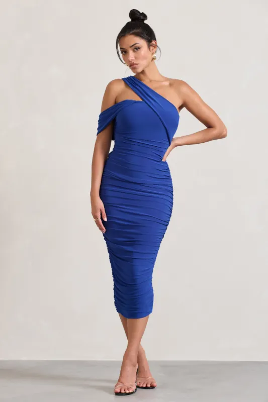 Cici | Cobalt Blue Asymmetric One Shoulder Ruched Midi Dress sold by Club L London