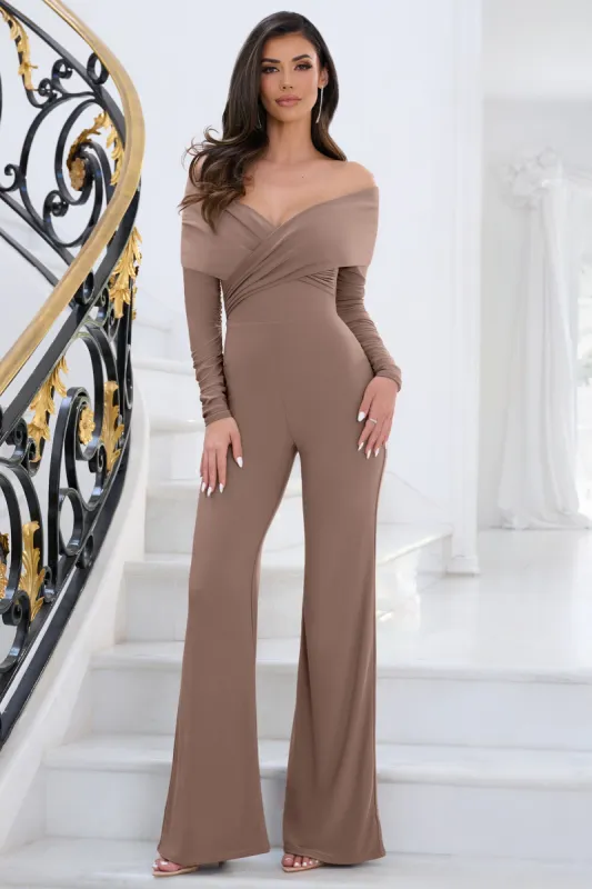 Hand On Heart | Dark Mocha Twist Front Bardot Jumpsuit sold by Club L London