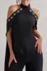 Angel | Black High Neck Jumpsuit with Cold Shoulder Cape Sleeves sold by Club L London