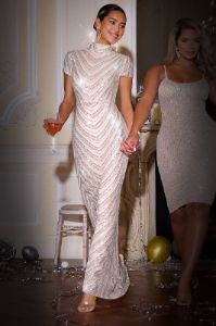 Alluring | Silver Sequin Short Sleeve Maxi Dress sold by Club L London