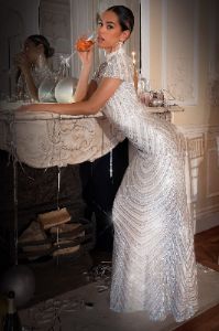 Alluring | Silver Sequin Short Sleeve Maxi Dress sold by Club L London