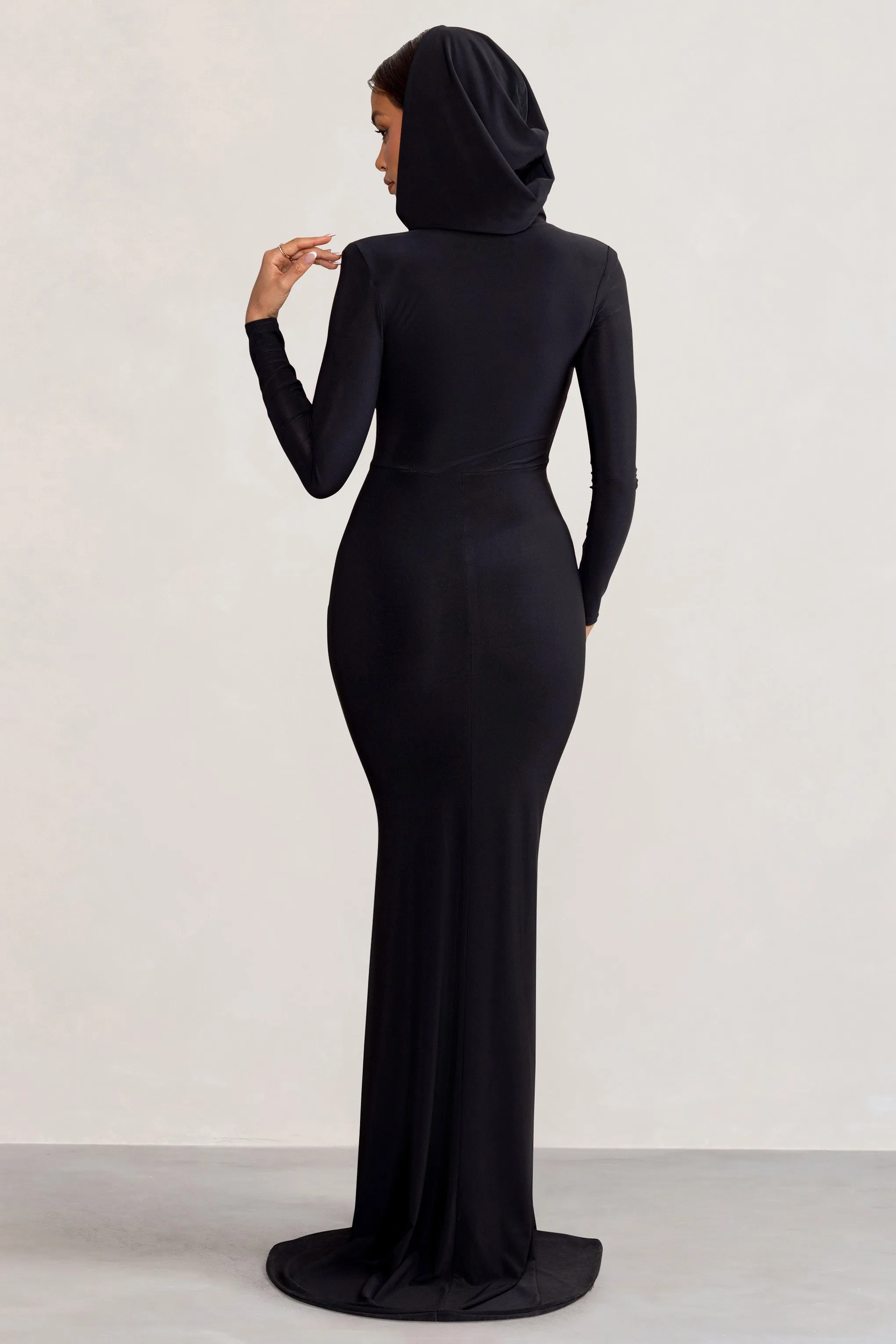 Adore | Black Long Sleeve Plunge Maxi Dress with Hood sold by Club L London product image thumbnail 2