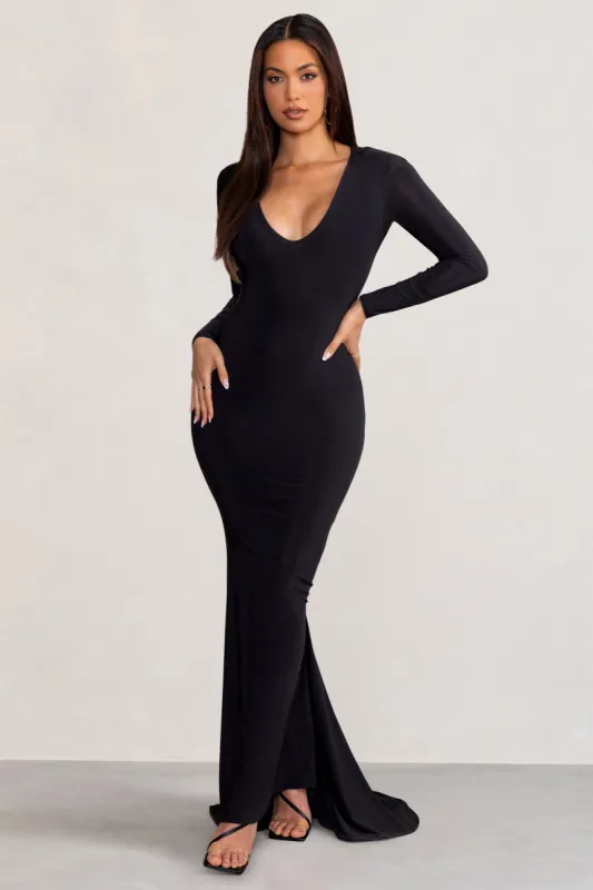 Adore | Black Long Sleeve Plunge Maxi Dress with Hood sold by Club L London