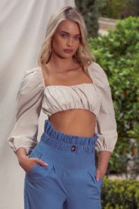 So Softly | Cream Sweetheart Neckline Crop Top With Puff Sleeves sold by Club L London