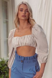 So Softly | Cream Sweetheart Neckline Crop Top With Puff Sleeves sold by Club L London