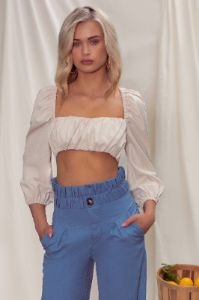 So Softly | Cream Sweetheart Neckline Crop Top With Puff Sleeves sold by Club L London