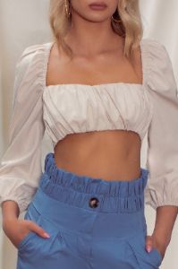 So Softly | Cream Sweetheart Neckline Crop Top With Puff Sleeves sold by Club L London