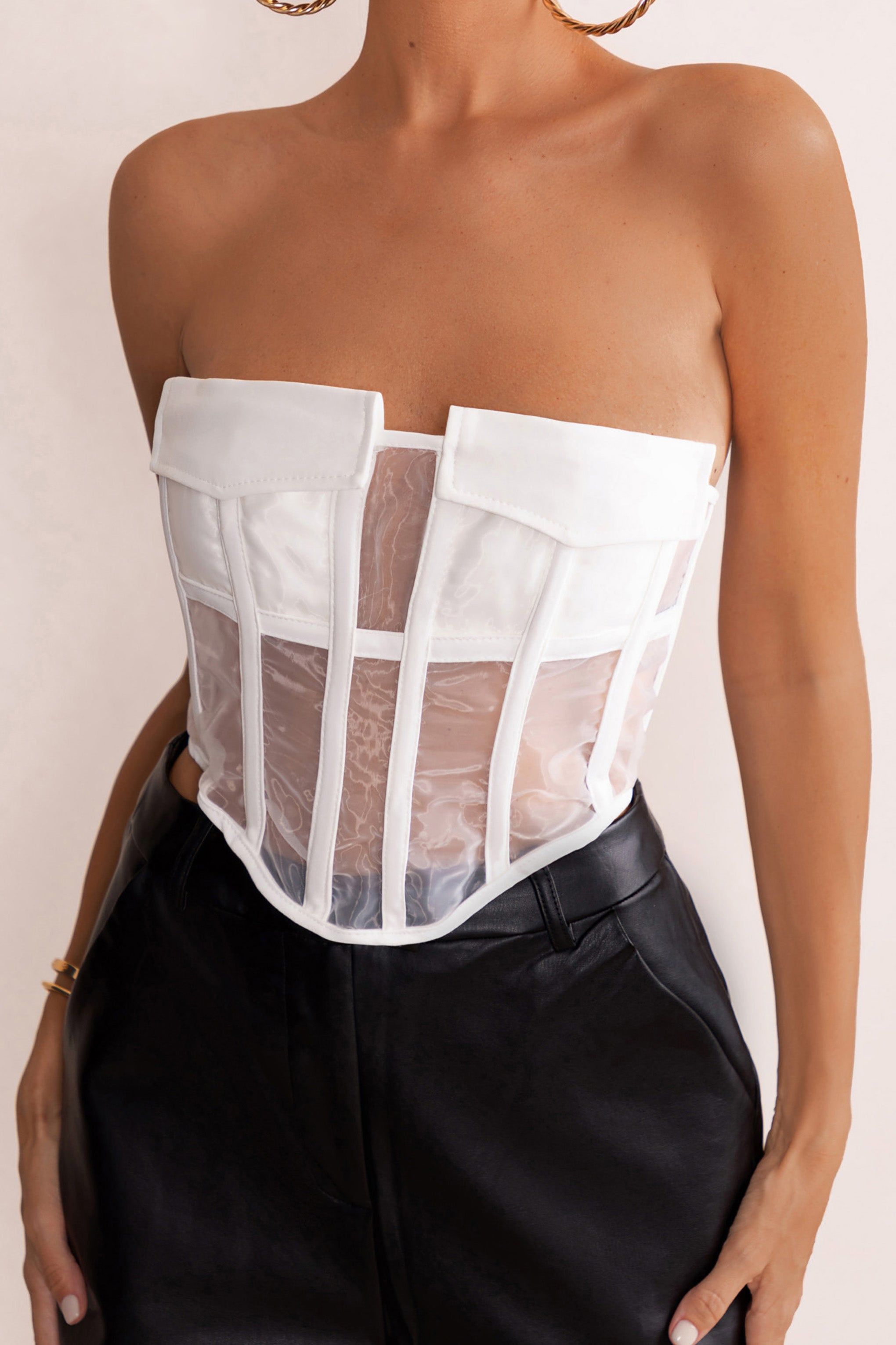 Put On Pause | White Sheer Strapless Utility Pocket Corset Crop Top sold by Club L London product image thumbnail 3