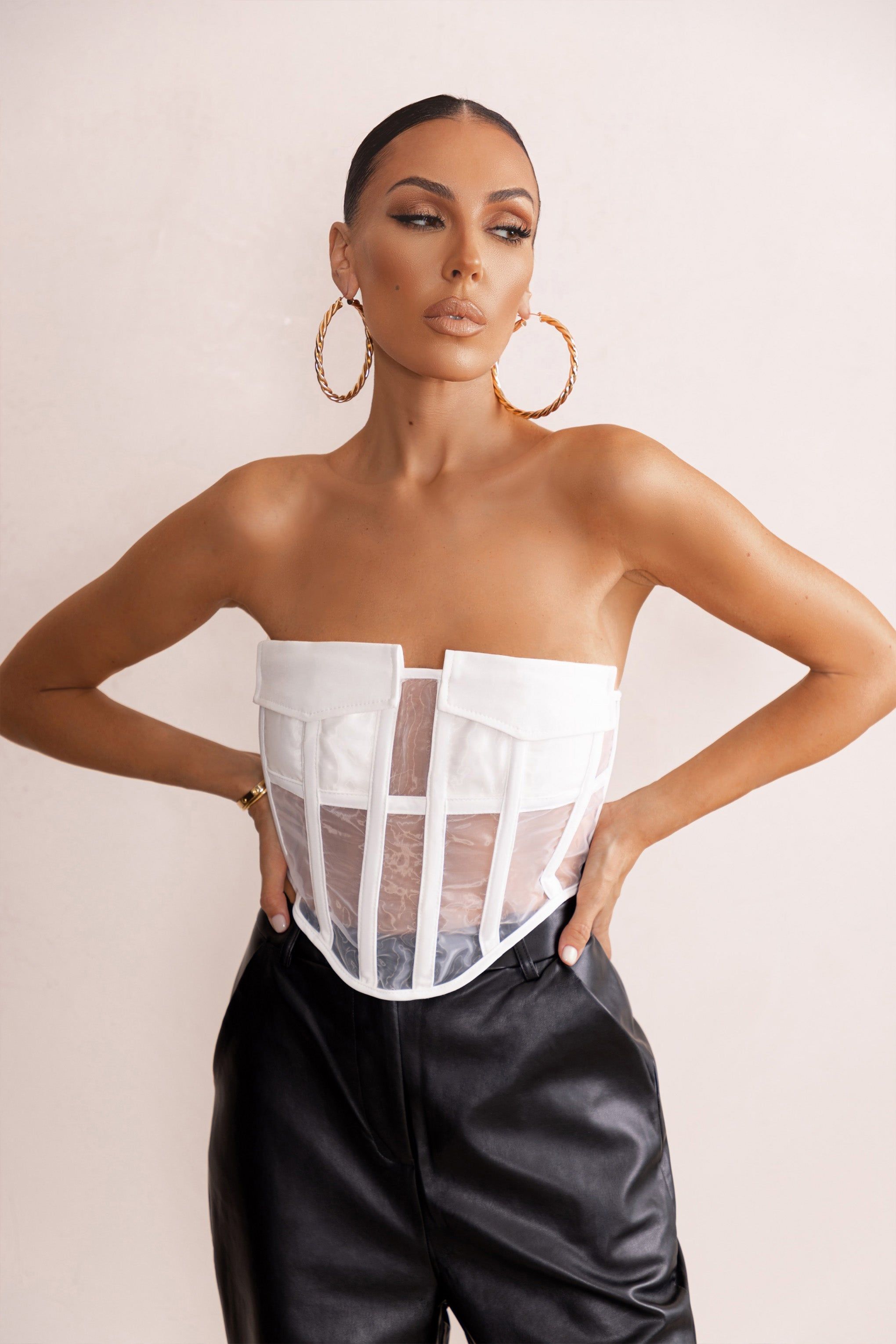 Put On Pause | White Sheer Strapless Utility Pocket Corset Crop Top sold by Club L London product image thumbnail 5