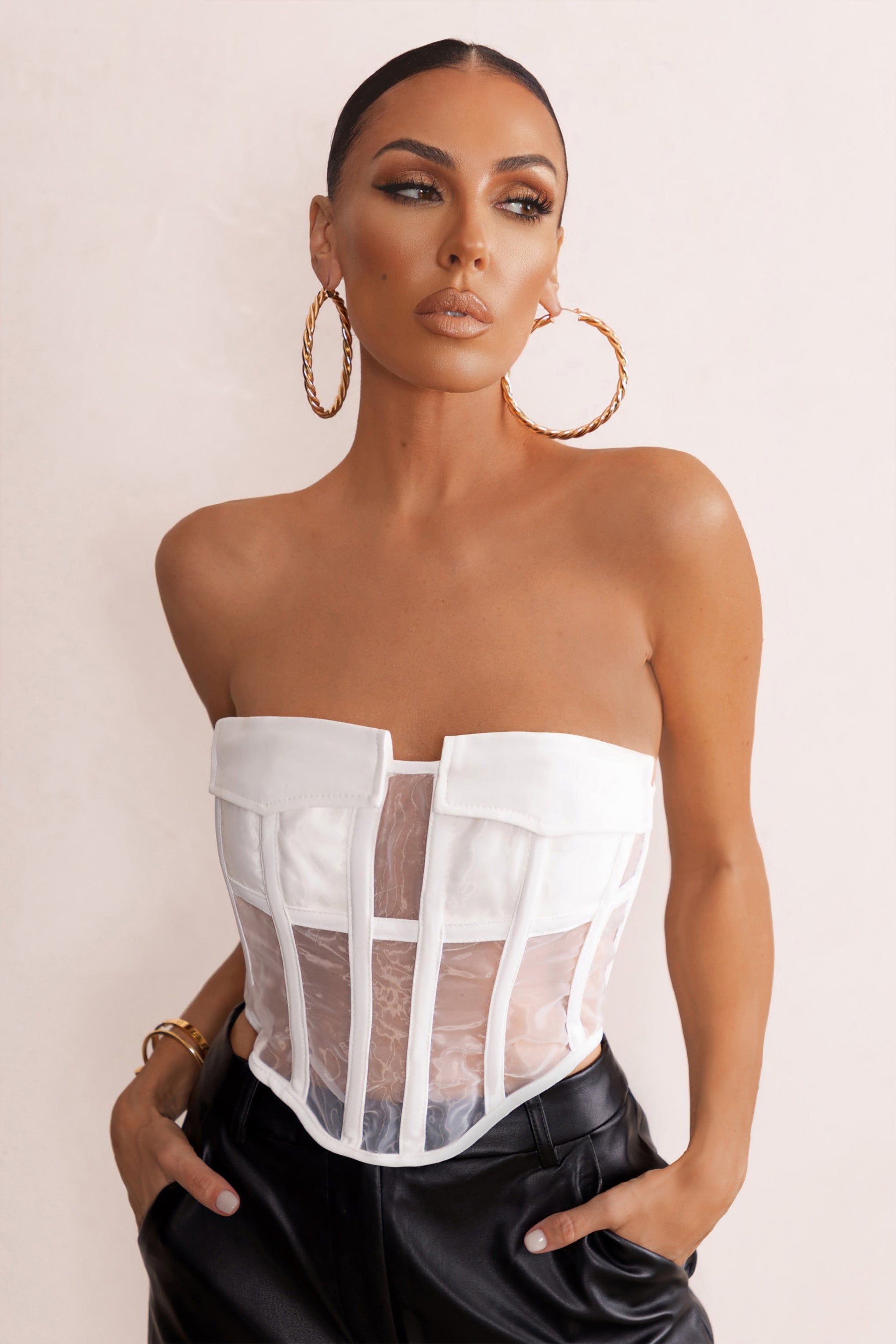 Put On Pause | White Sheer Strapless Utility Pocket Corset Crop Top sold by Club L London