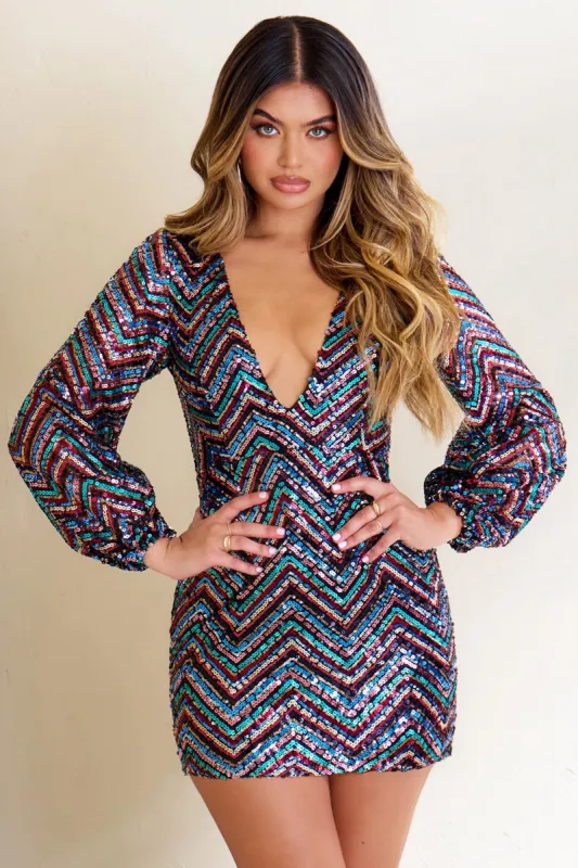 Sphere | Petite Black Aztec Sequin Long Sleeves Mini Dress sold by Club L London