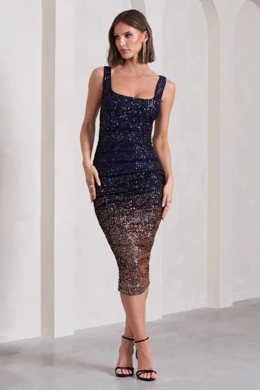 Starry Night | Navy Gold Ombre Sequin Square-Neck Midi Dress sold by Club L London