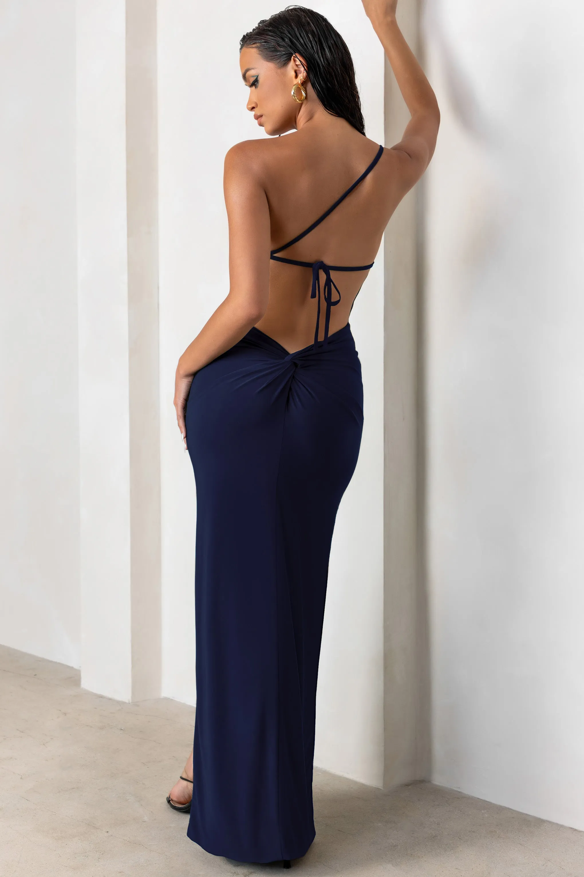Dressing Up | Navy One Shoulder Maxi Dress With Open Back Detail sold by Club L London