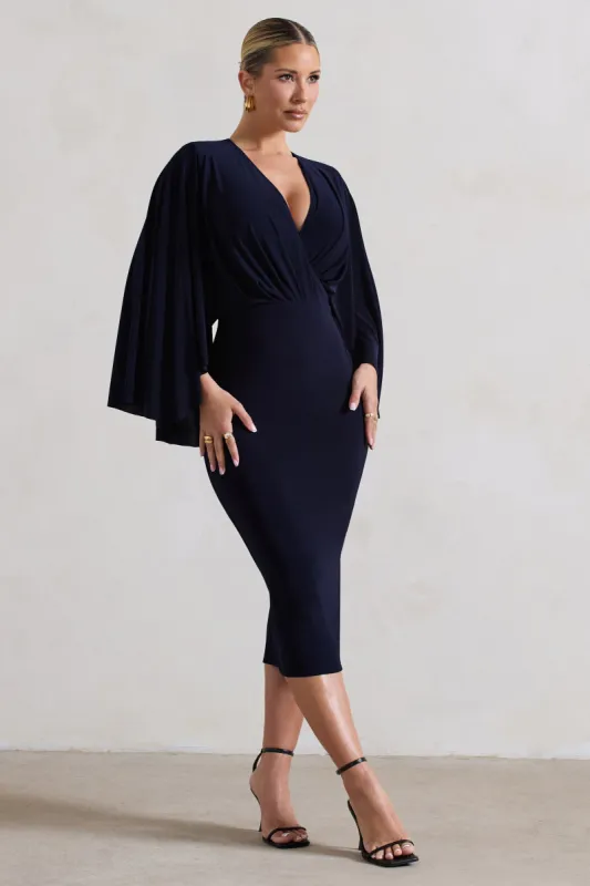 Mishka | Navy Plunge-Neck Cape Midi Dress sold by Club L London