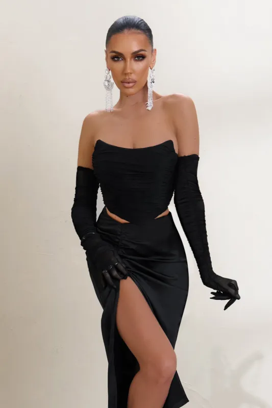 Obsessed | Black Bandeau Mesh Corset Style Crop Top sold by Club L London