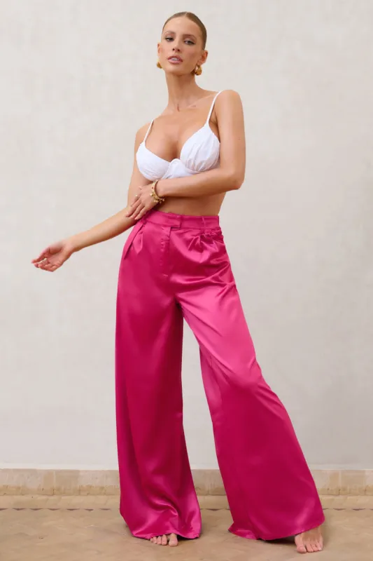 Desire Me | Hot Pink Satin High Waist Wide Leg Trousers sold by Club L London