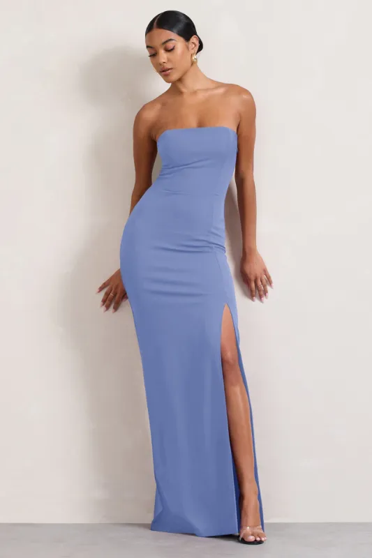Belle of The Ball | Powder Blue Bandeau Maxi Dress With Split Hem sold by Club L London