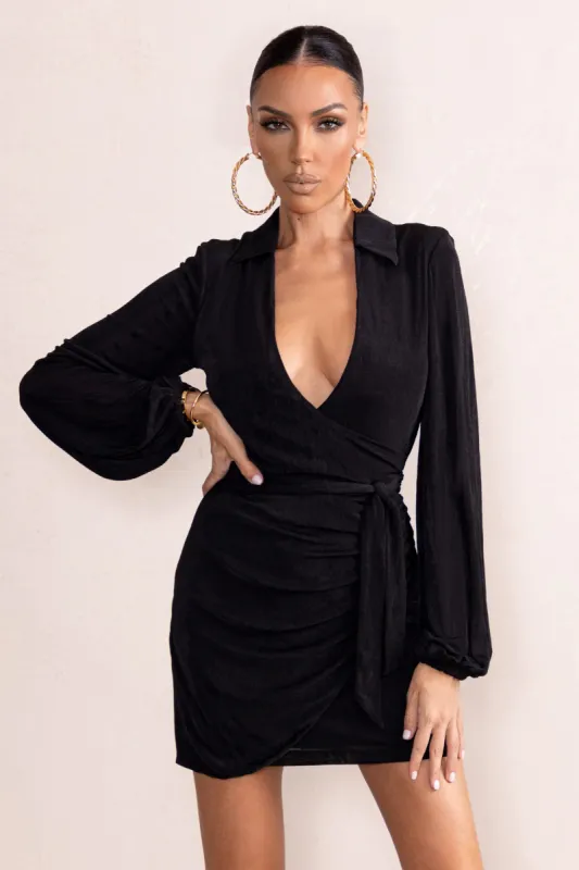 Hot Breeze | Black Plunge Neck Belt Detail Puff Sleeves Mini Dress sold by Club L London