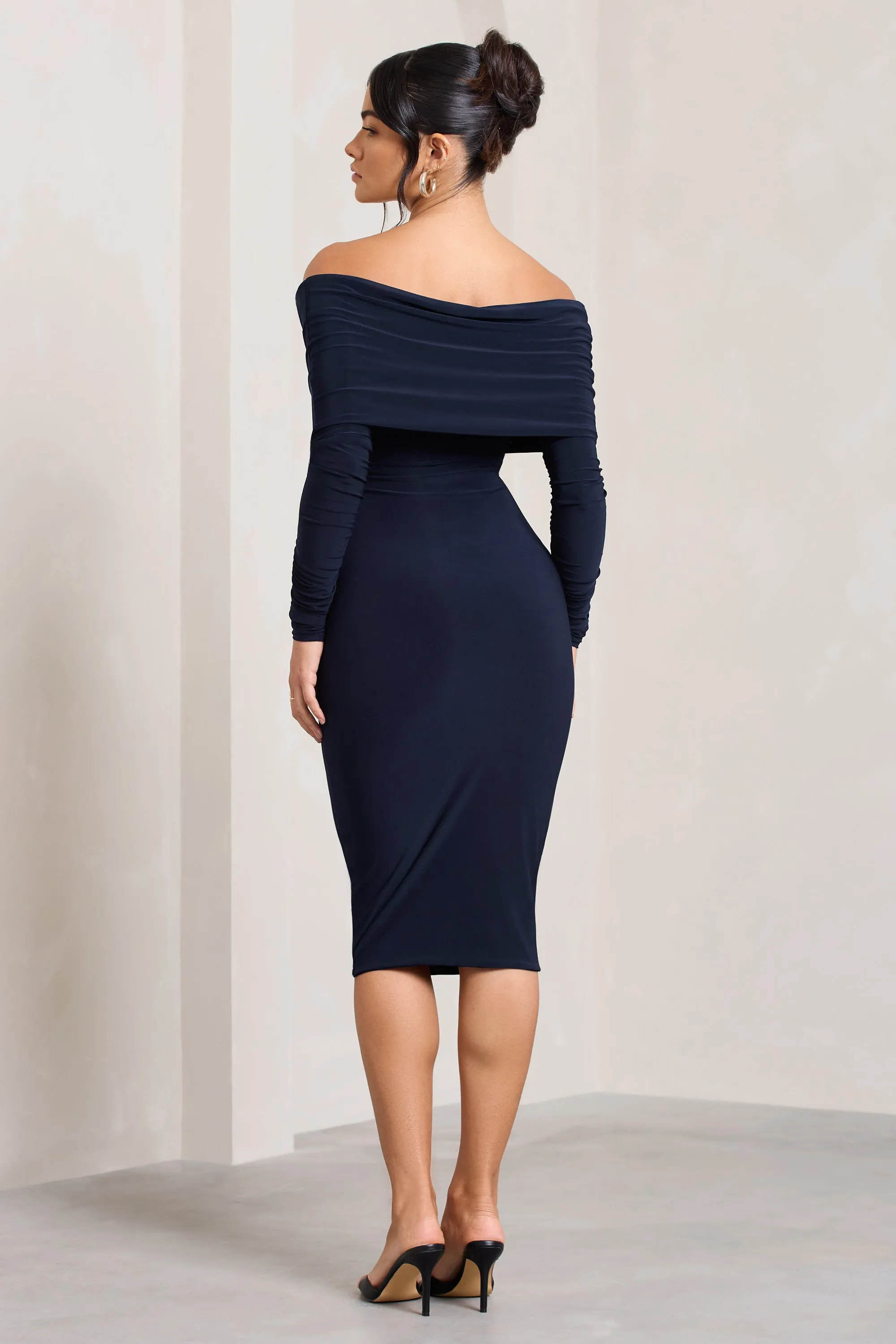 Flatter Me | Navy Twist Front Bardot Midi Dress sold by Club L London product image thumbnail 2