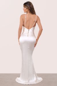 Forever Yours | Ivory Seam Detail Thigh Split Slip Maxi Dress sold by Club L London