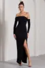 Stand Out | Black Bardot Long Sleeve Ruched Maxi With Side Split sold by Club L London