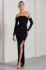 Stand Out | Black Bardot Long Sleeve Ruched Maxi With Side Split sold by Club L London