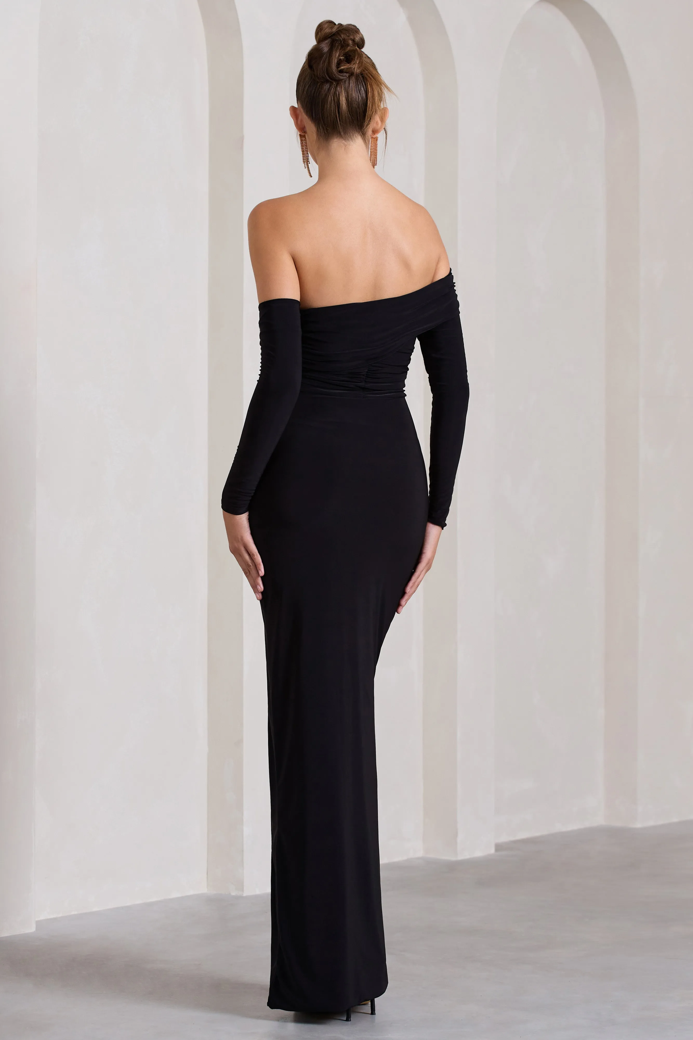 Stand Out | Black Bardot Long Sleeve Ruched Maxi With Side Split sold by Club L London product image thumbnail 2