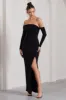 Stand Out | Black Bardot Long Sleeve Ruched Maxi With Side Split sold by Club L London