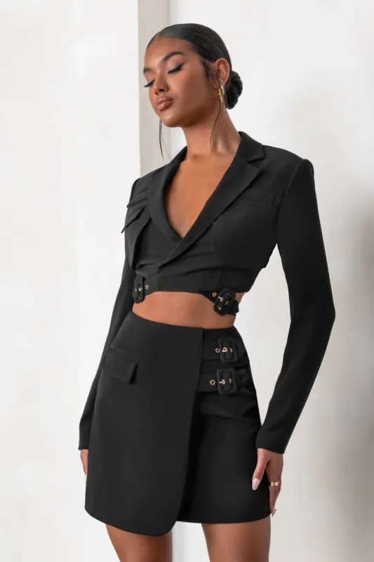 Jet Set | Black Belt Strap Pocket Detail Mini Skirt sold by Club L London