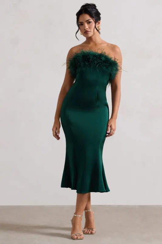 One And Only | Bottle Green Satin Feather Trim Bandeau Midi Dress sold by Club L London