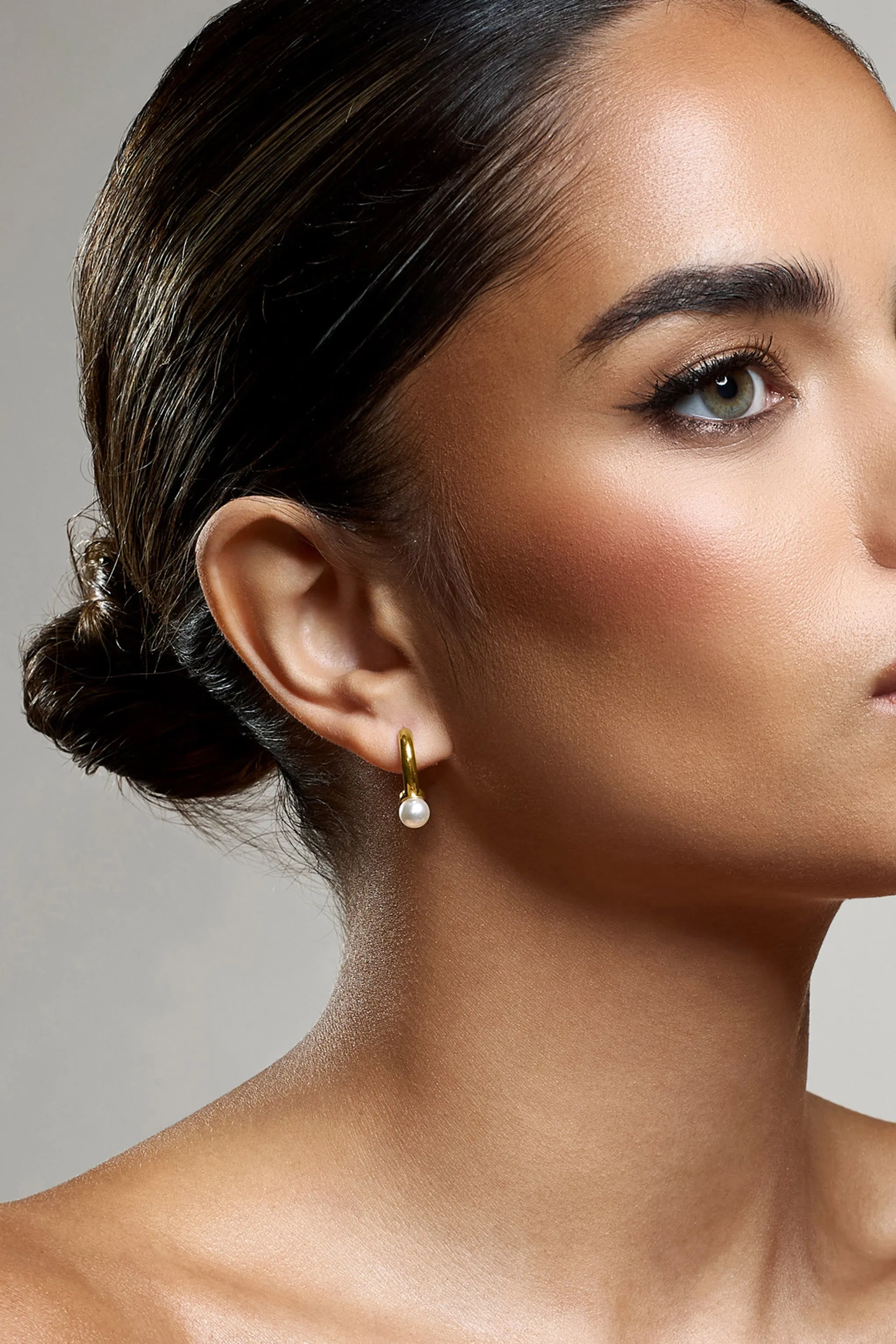 Gloss | Gold Pearl Small Hoop Earrings sold by Club L London product image thumbnail 3