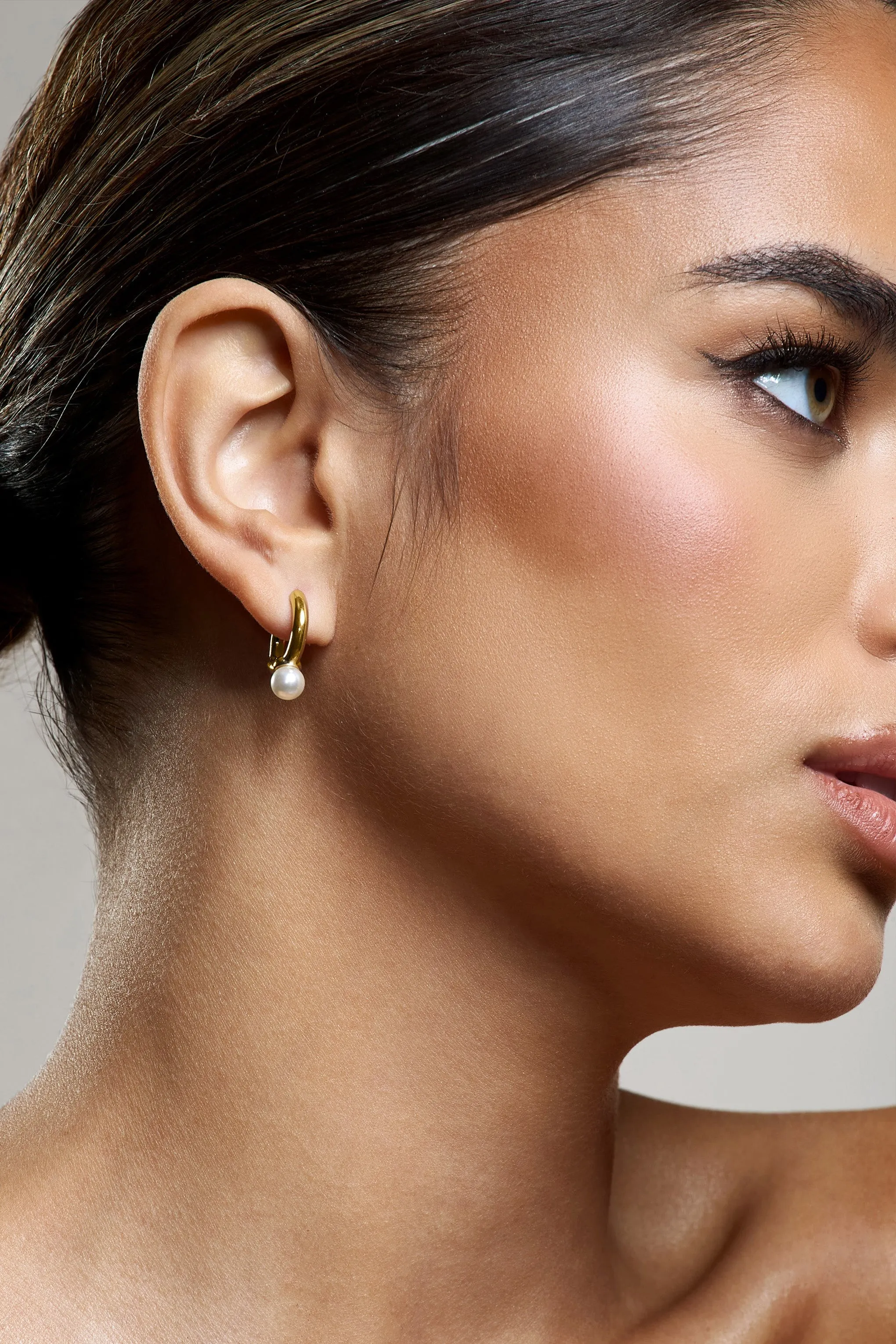 Gloss | Gold Pearl Small Hoop Earrings sold by Club L London