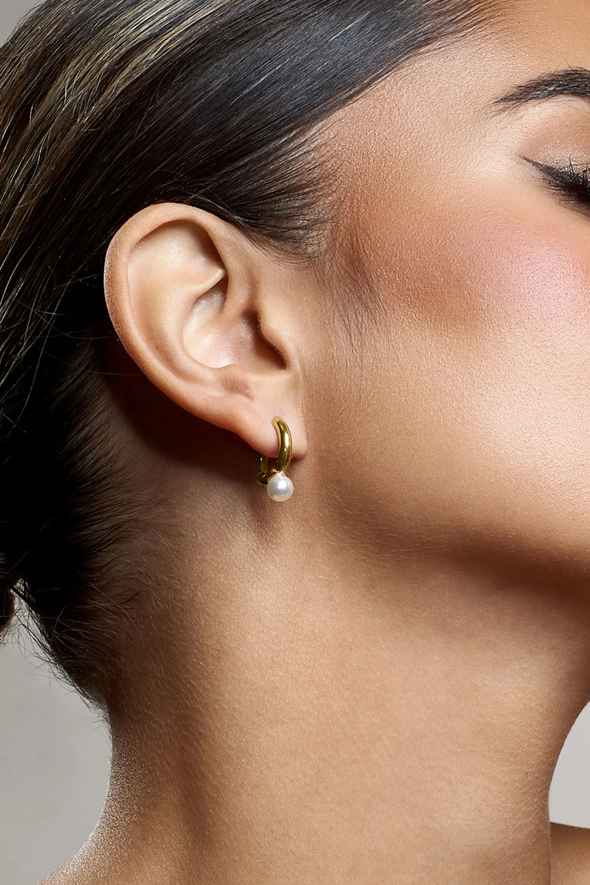 Gloss | Gold Pearl Small Hoop Earrings sold by Club L London product image thumbnail 4