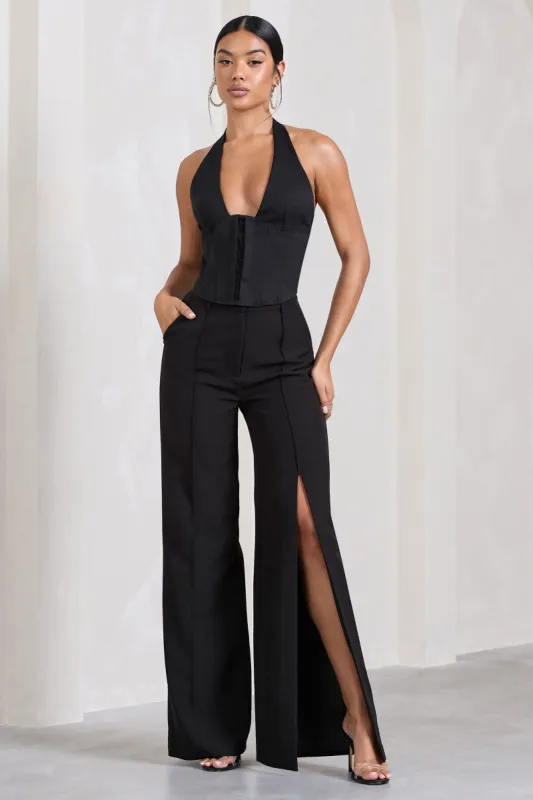 Signature | Black Split Wide-Leg Tailored Trousers sold by Club L London