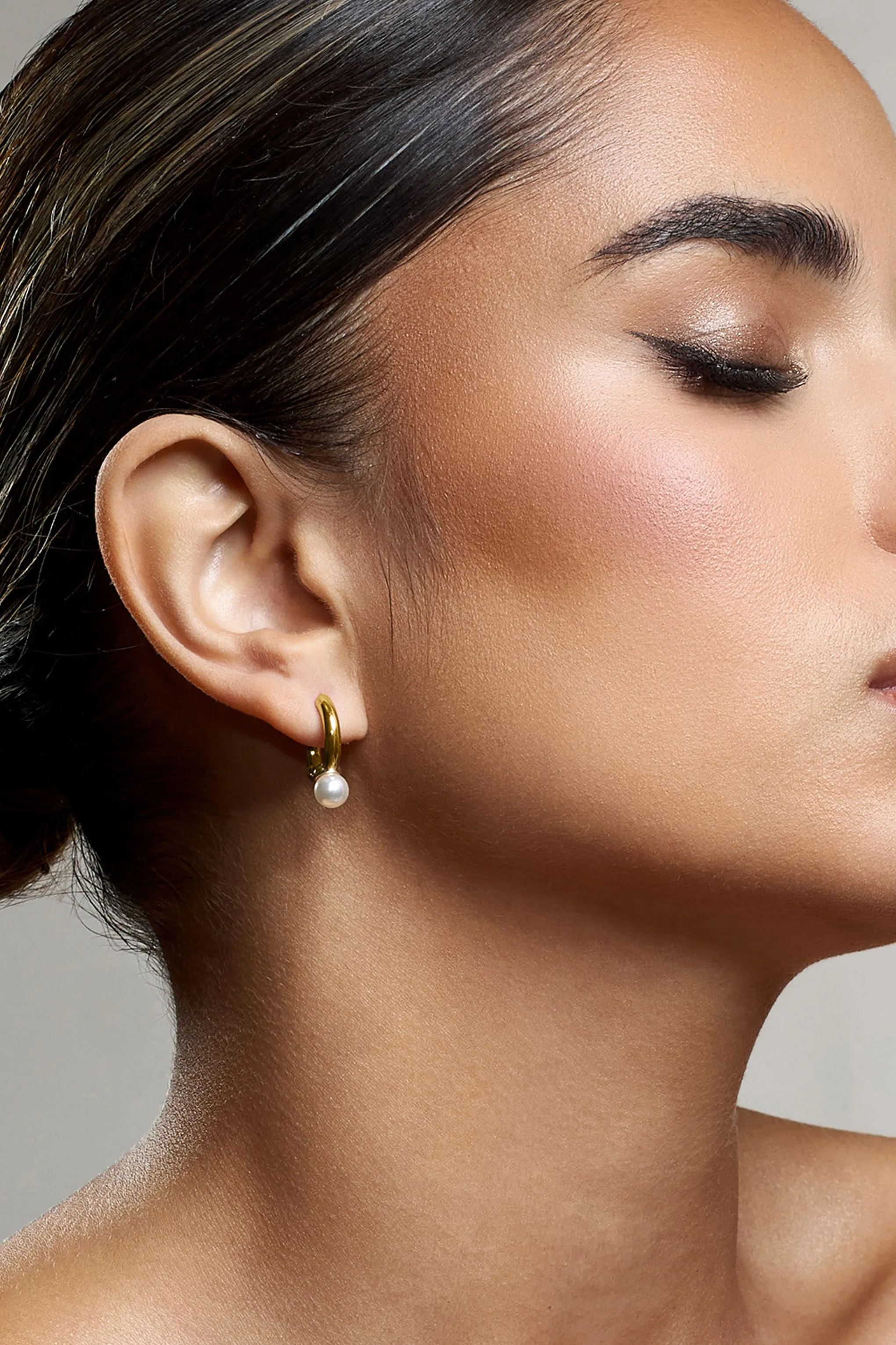 Gloss | Gold Pearl Small Hoop Earrings sold by Club L London product image thumbnail 2
