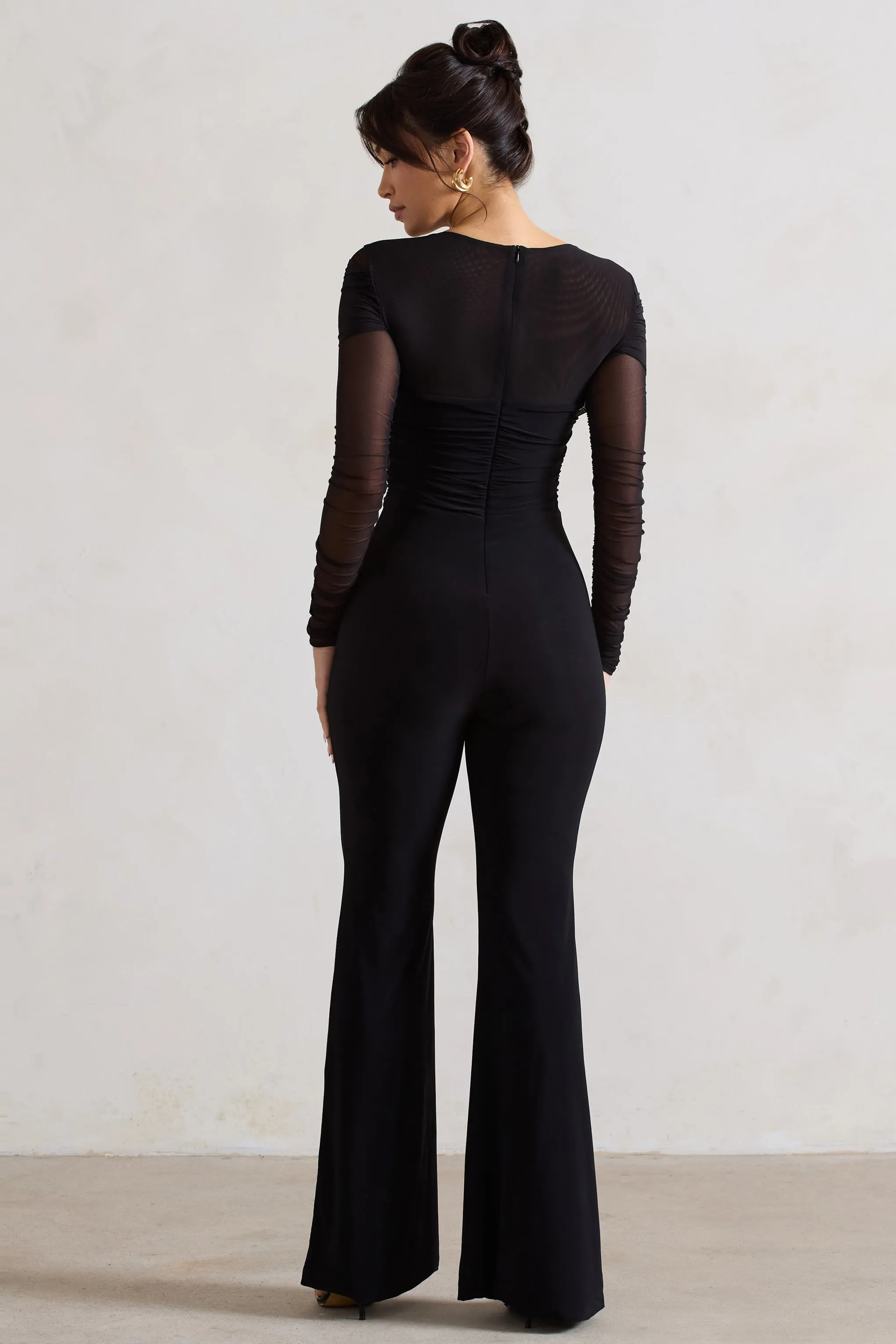 Crossed Lines | Black Ruched Mesh Flared-Leg Jumpsuit sold by Club L London product image thumbnail 2